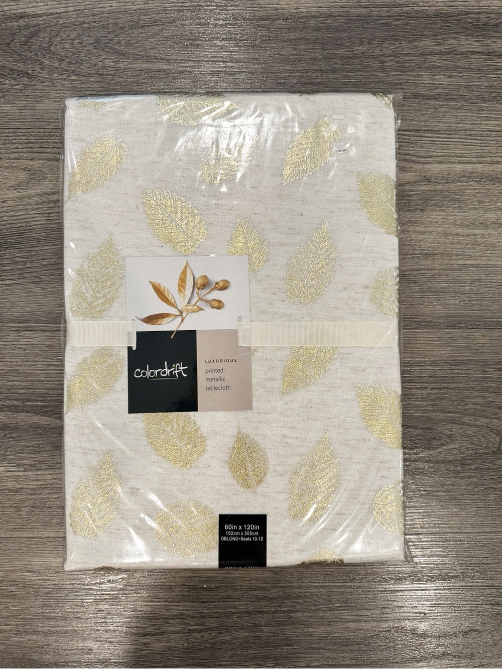 Colordrift Metallic Leaf Oblong 60 in X 120 in Tablecloth Cream and Gold